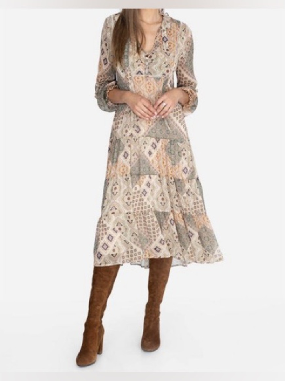 Johnny Was Neutral Patchwork bohemian Midi Dress